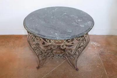 20th Century French Iron Round Center Table With Verde Marble