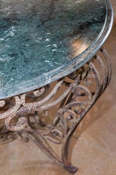 20th Century French Iron Round Center Table With Verde Marble