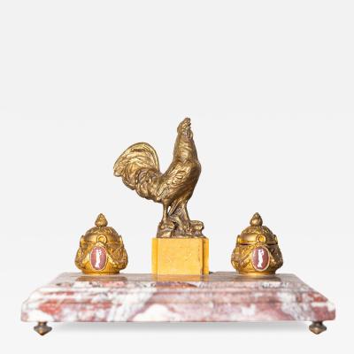 20th Century French Marble and Gilt Bronze Inkwell with Rooster Motif