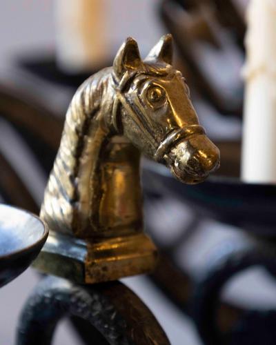 20th Century French Wrought Iron Chandelier with Horse Head Details