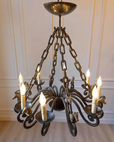 20th Century French Wrought Iron Chandelier with Horse Head Details