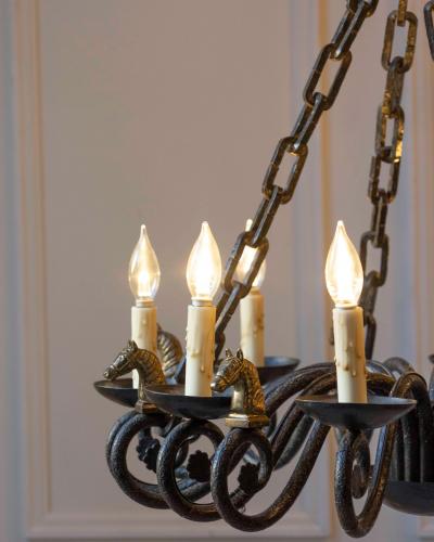20th Century French Wrought Iron Chandelier with Horse Head Details