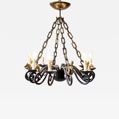 20th Century French Wrought Iron Chandelier with Horse Head Details