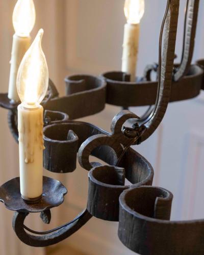 20th Century French Wrought Iron Chandelier with Scrollwork Arms