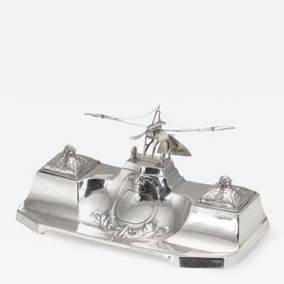 20th Century German Wmf Silver Double Inkwell With Aeroplane Theme c 1920