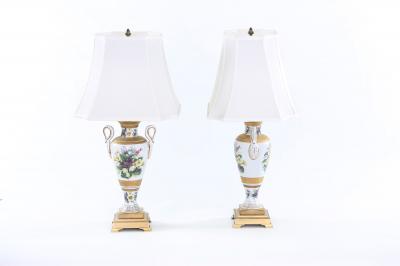 20th Century Gilt Porcelain Brass Base Pair Table Lamps