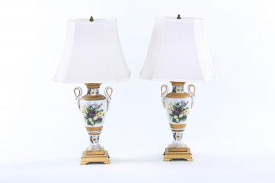 20th Century Gilt Porcelain Brass Base Pair Table Lamps