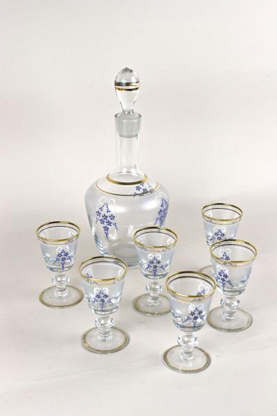 20th Century Glass Decanter Set With Enamel Paintings Austria ca 1980s