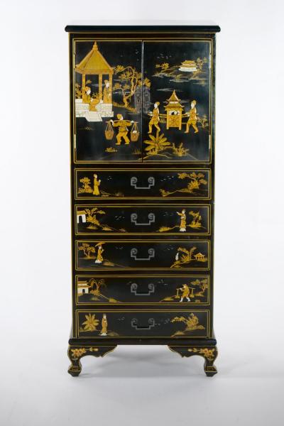 20th Century Hand Painted Decorated Black Lacquer Dry Bar