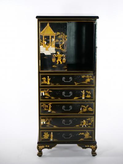 20th Century Hand Painted Decorated Black Lacquer Dry Bar