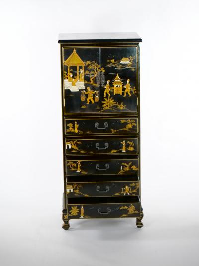 20th Century Hand Painted Decorated Black Lacquer Dry Bar