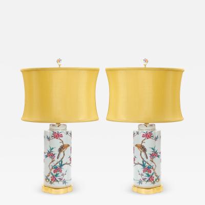 20th Century Hand Painted Italian Porcelain Table Lamps with Gilt Wood Base