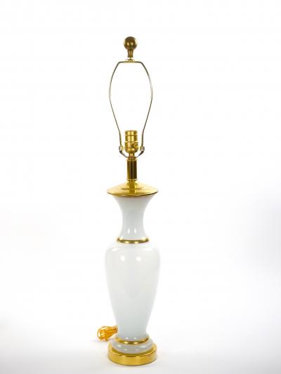 20th Century Hollywood Regency Opaline Glass and Gold Banded Table Lamps Pair
