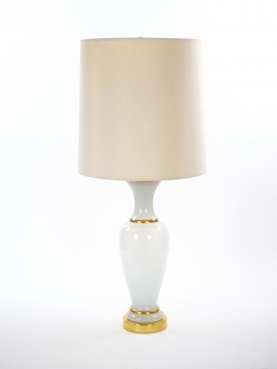 20th Century Hollywood Regency Opaline Glass and Gold Banded Table Lamps Pair