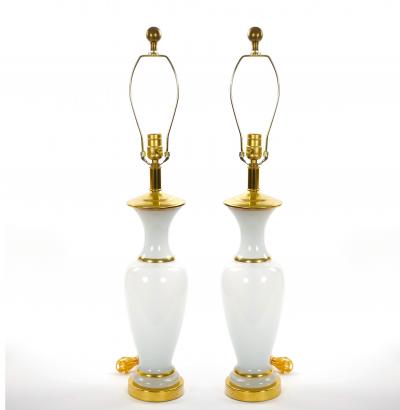 20th Century Hollywood Regency Opaline Glass and Gold Banded Table Lamps Pair