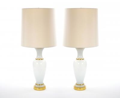 20th Century Hollywood Regency Opaline Glass and Gold Banded Table Lamps Pair