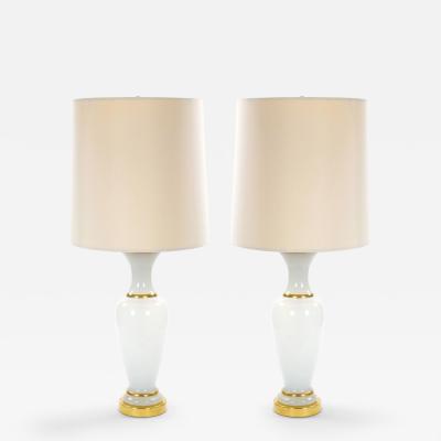 20th Century Hollywood Regency Opaline Glass and Gold Banded Table Lamps Pair