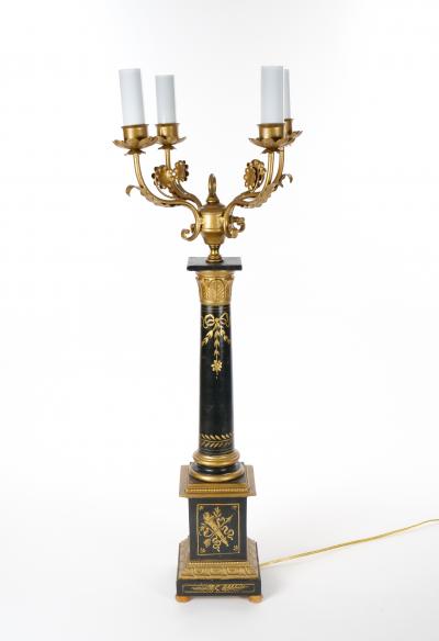 20th Century Italian Neoclassical Style Black Gilt Painted Wood Torchiere Lamps