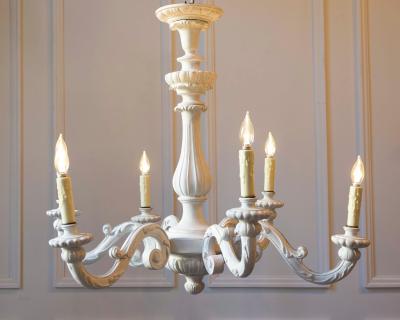 20th Century Italian Painted Wood Chandelier with Carved Scroll Arms