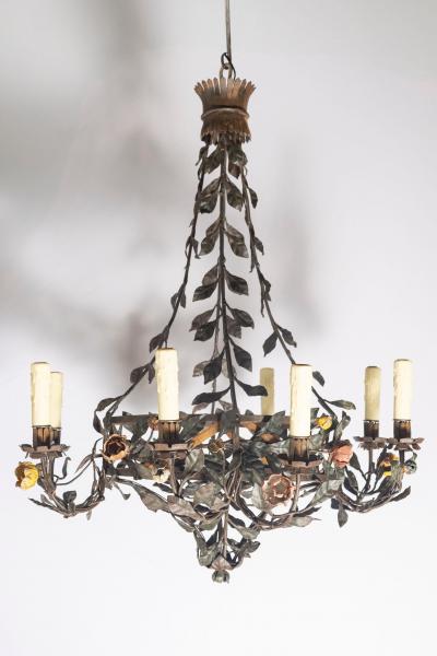 20th Century Italian Tole Floral Chandelier with Painted Leaves and Gilt Accents