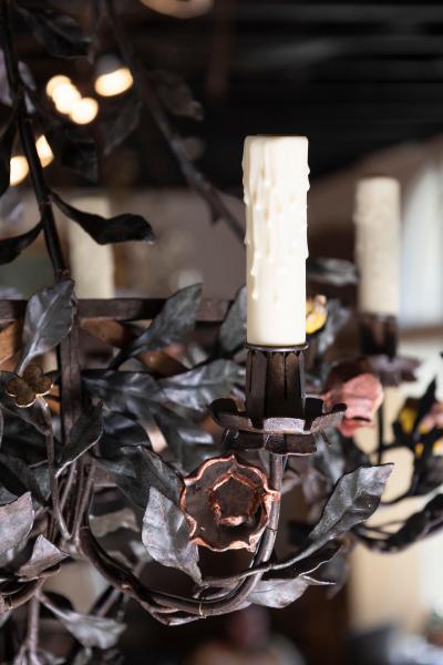 20th Century Italian Tole Floral Chandelier with Painted Leaves and Gilt Accents