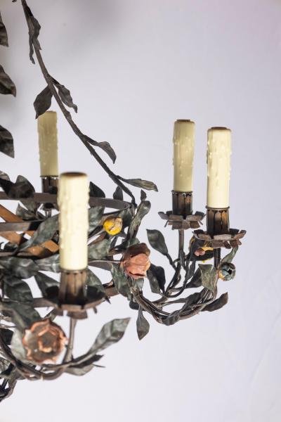 20th Century Italian Tole Floral Chandelier with Painted Leaves and Gilt Accents