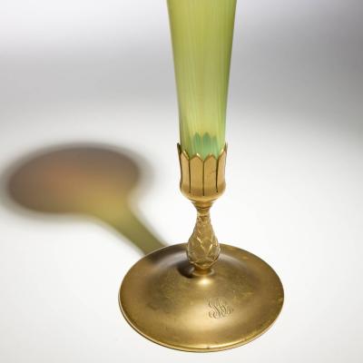 20th Century L C Tiffany Favrile Glass and Gilt Bronze Trumpet Vase No 1043