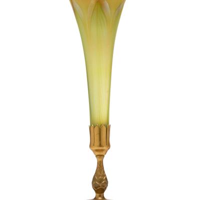 20th Century L C Tiffany Favrile Glass and Gilt Bronze Trumpet Vase No 1043