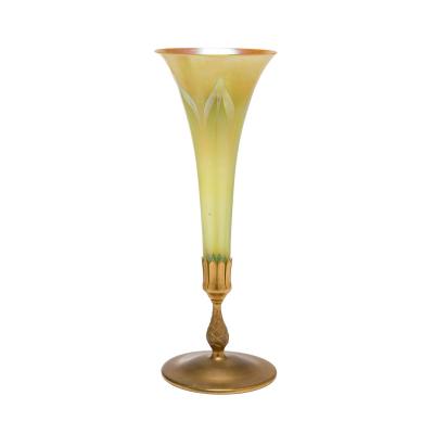 20th Century L C Tiffany Favrile Glass and Gilt Bronze Trumpet Vase No 1043