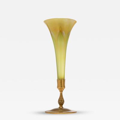 20th Century L C Tiffany Favrile Glass and Gilt Bronze Trumpet Vase No 1043