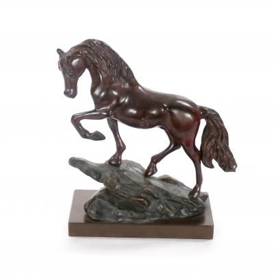 20th Century Patinated Bronze Decorative Sculpture of Horse Square Base
