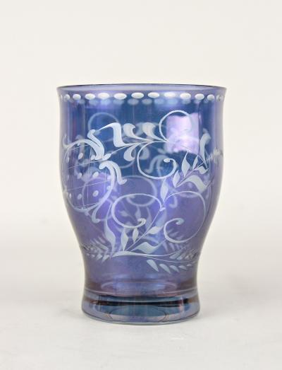 20th Century Purple Blue Iridescent Glass Vase Tumbler Engraved CZ ca 1920