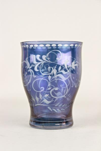 20th Century Purple Blue Iridescent Glass Vase Tumbler Engraved CZ ca 1920