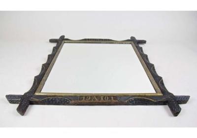 20th Century Rustic Wall Mirror With Golden Bars Tramp Art Austria dated 1901