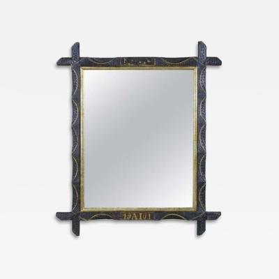 20th Century Rustic Wall Mirror With Golden Bars Tramp Art Austria dated 1901