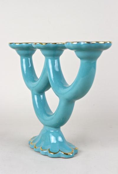 20th Century Turquoise Art Deco Ceramic Candleholder Marked AT ca 1930