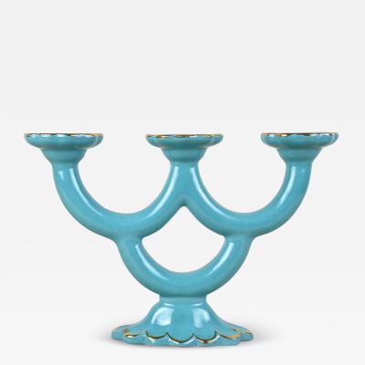 20th Century Turquoise Art Deco Ceramic Candleholder Marked AT ca 1930