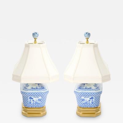 20th Century White Blue Porcelain Gilt Gold Painted Wood Base Small Table Lamp