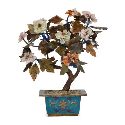 20th century Chinese hardstone flowering tree in a cloisonn planter