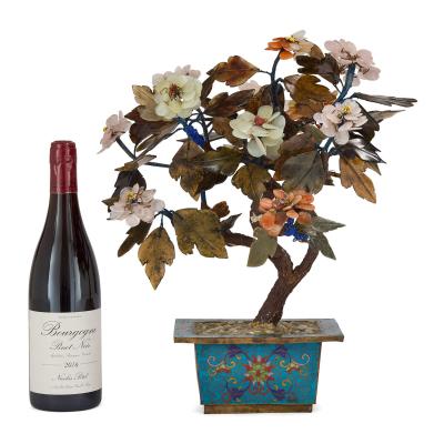 20th century Chinese hardstone flowering tree in a cloisonn planter