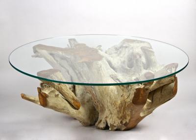 21st Century Round Teak Root Coffee Table with Glass Plate Organic Modern 2024