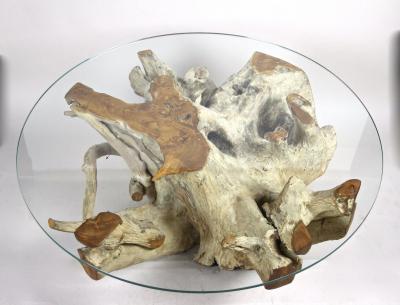21st Century Round Teak Root Coffee Table with Glass Plate Organic Modern 2024