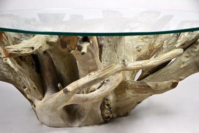 21st Century Round Teak Root Coffee Table with Glass Plate Organic Modern 2024