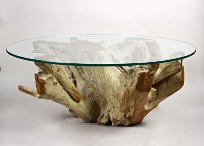 21st Century Round Teak Root Coffee Table with Glass Plate Organic Modern 2024