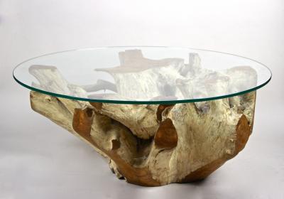 21st Century Round Teak Root Coffee Table with Glass Plate Organic Modern 2024