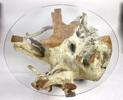 21st Century Round Teak Root Coffee Table with Glass Plate Organic Modern 2024