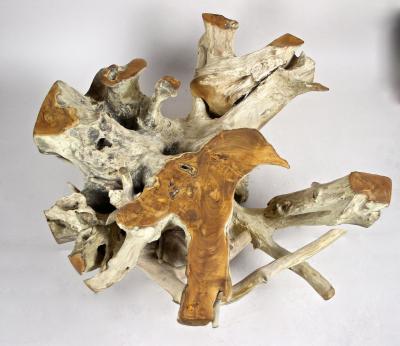 21st Century Round Teak Root Coffee Table with Glass Plate Organic Modern 2024