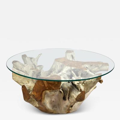 21st Century Round Teak Root Coffee Table with Glass Plate Organic Modern 2024