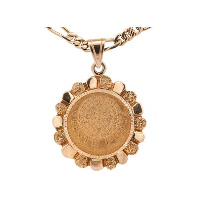 22K Gold Coin Mexican 20 Pesos 1959 Pendant in 14K Gold Figaro Chain Necklace