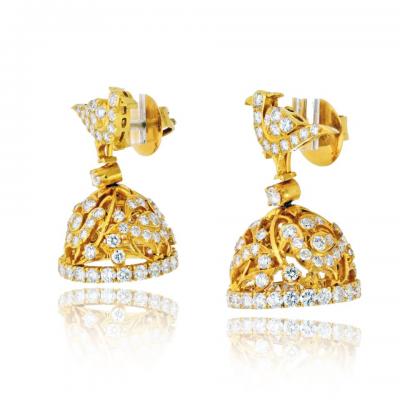 22K Yellow Gold 9 00cttw Round Brilliant Cut Diamond Bird Bell Earrings